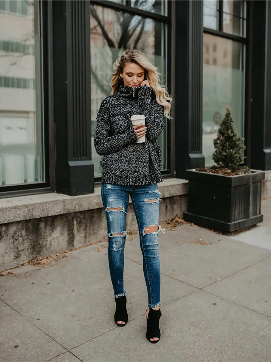 Stunncal Mixed Color High Neck Zipper Sweater