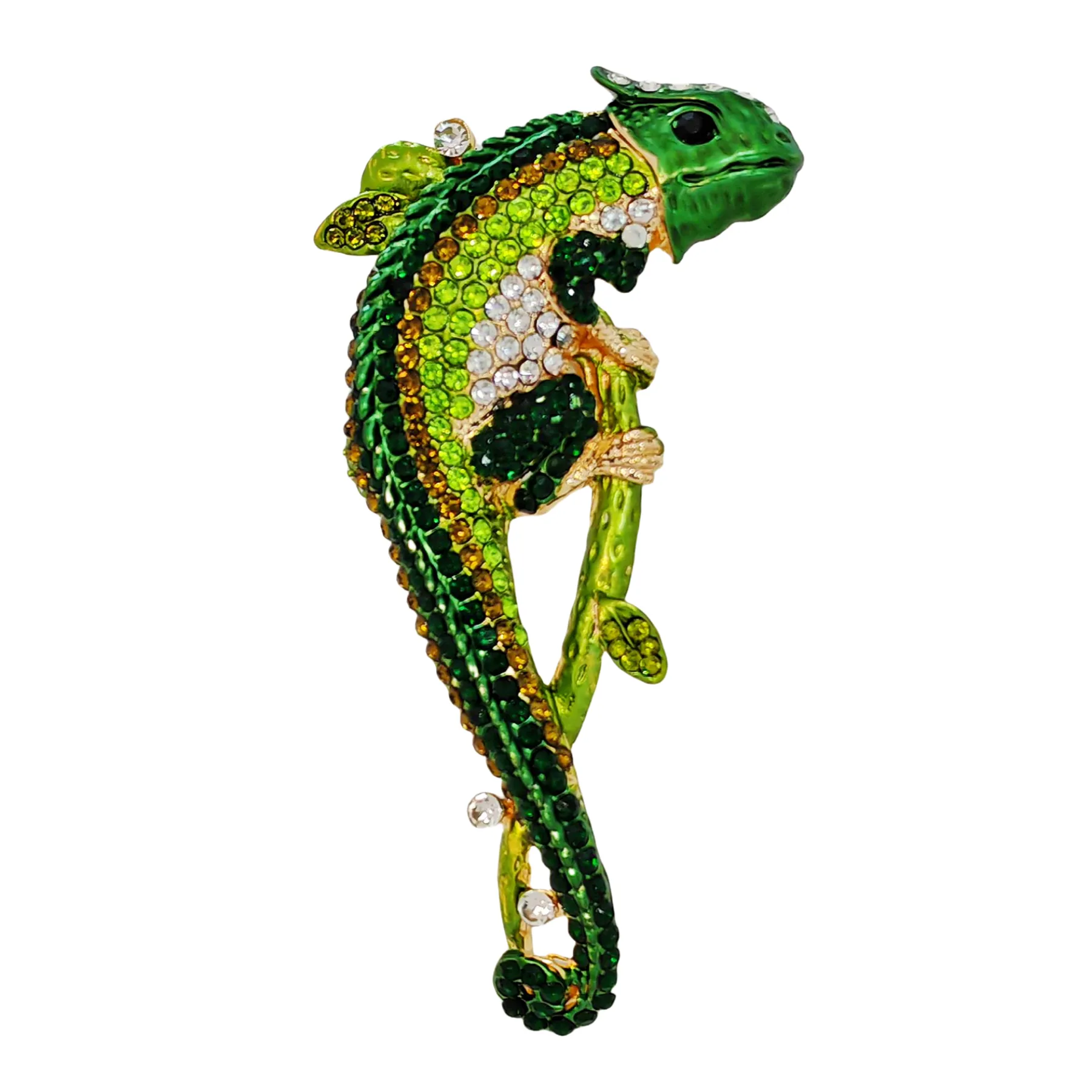 Stunning Green Chameleon Brooch with Crystal and Enamel Detailing