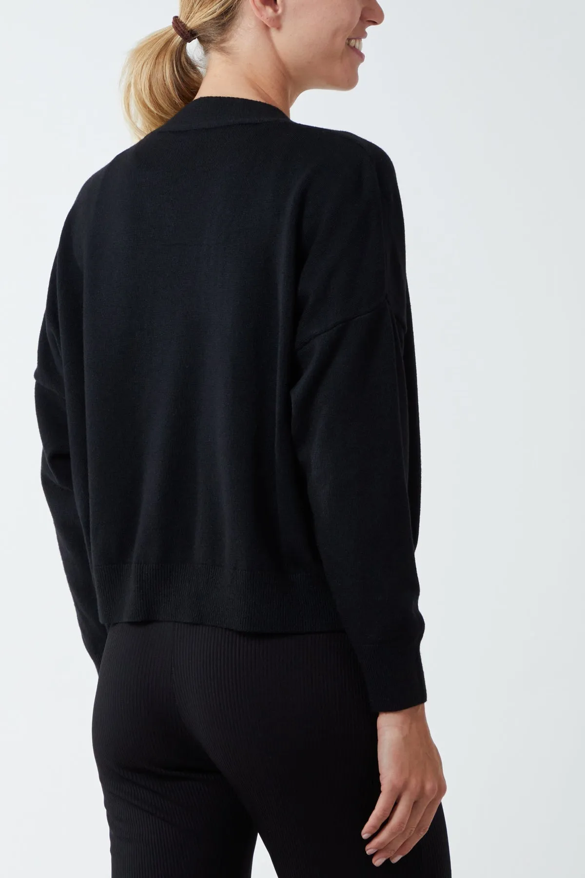 Three Button Cropped Ribbed Cuff Hem Cardigan