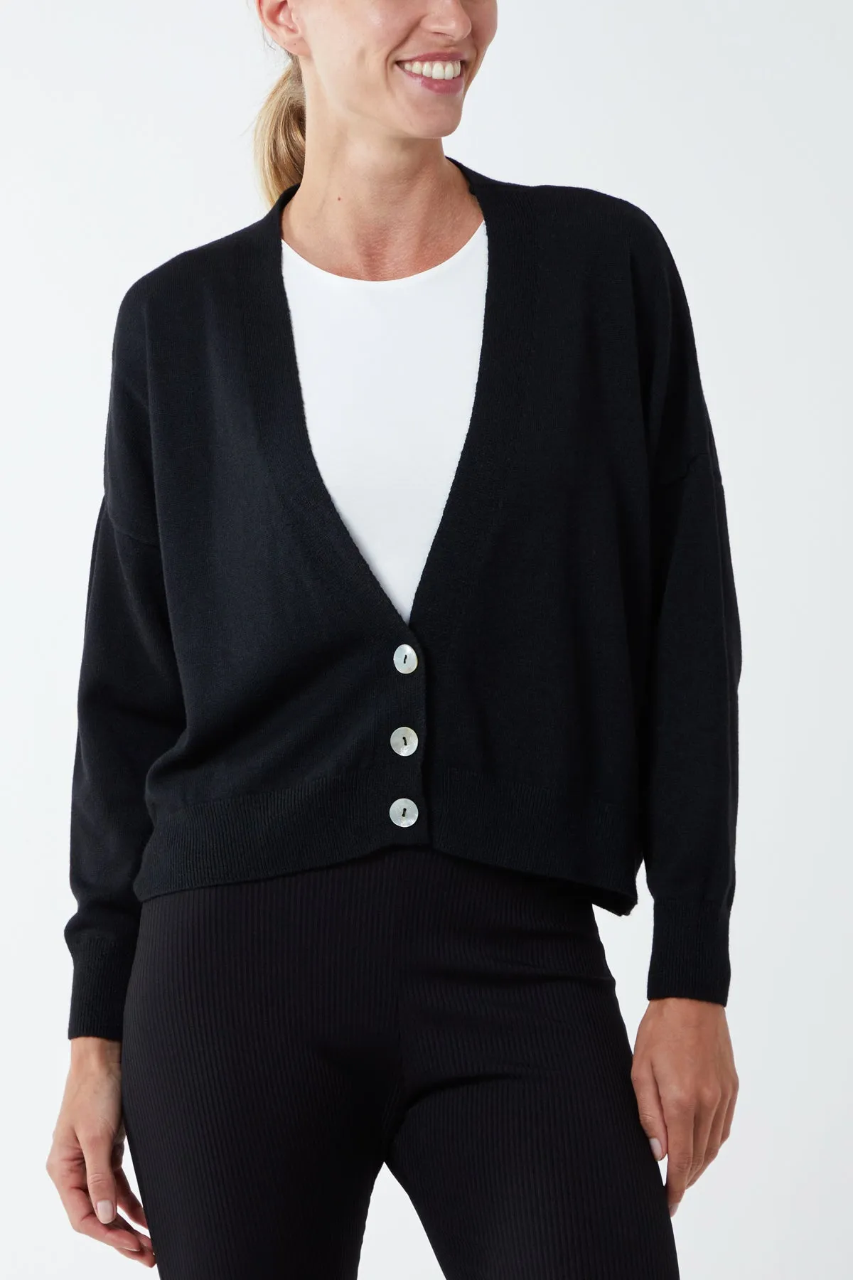 Three Button Cropped Ribbed Cuff Hem Cardigan