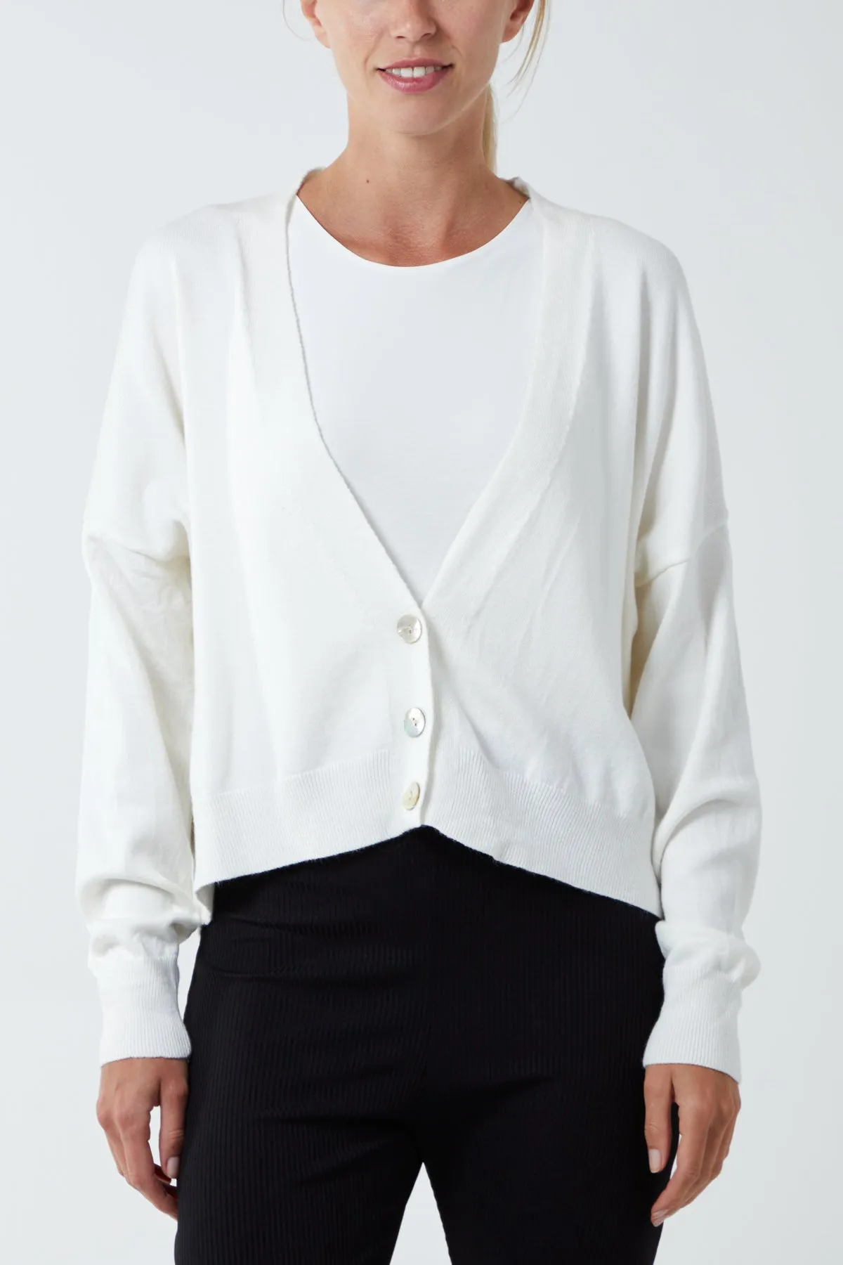 Three Button Cropped Ribbed Cuff Hem Cardigan