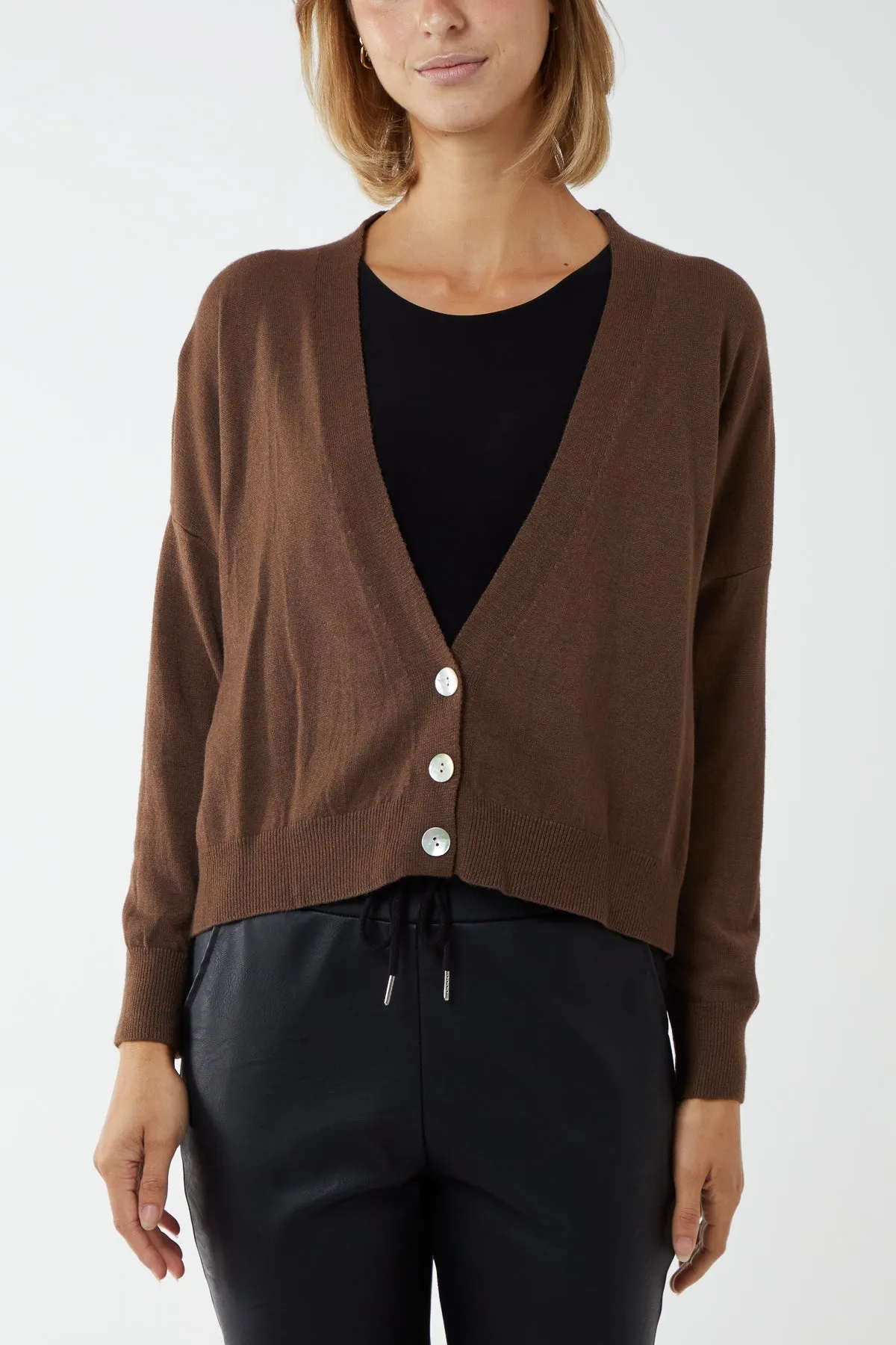 Three Button Cropped Ribbed Cuff Hem Cardigan