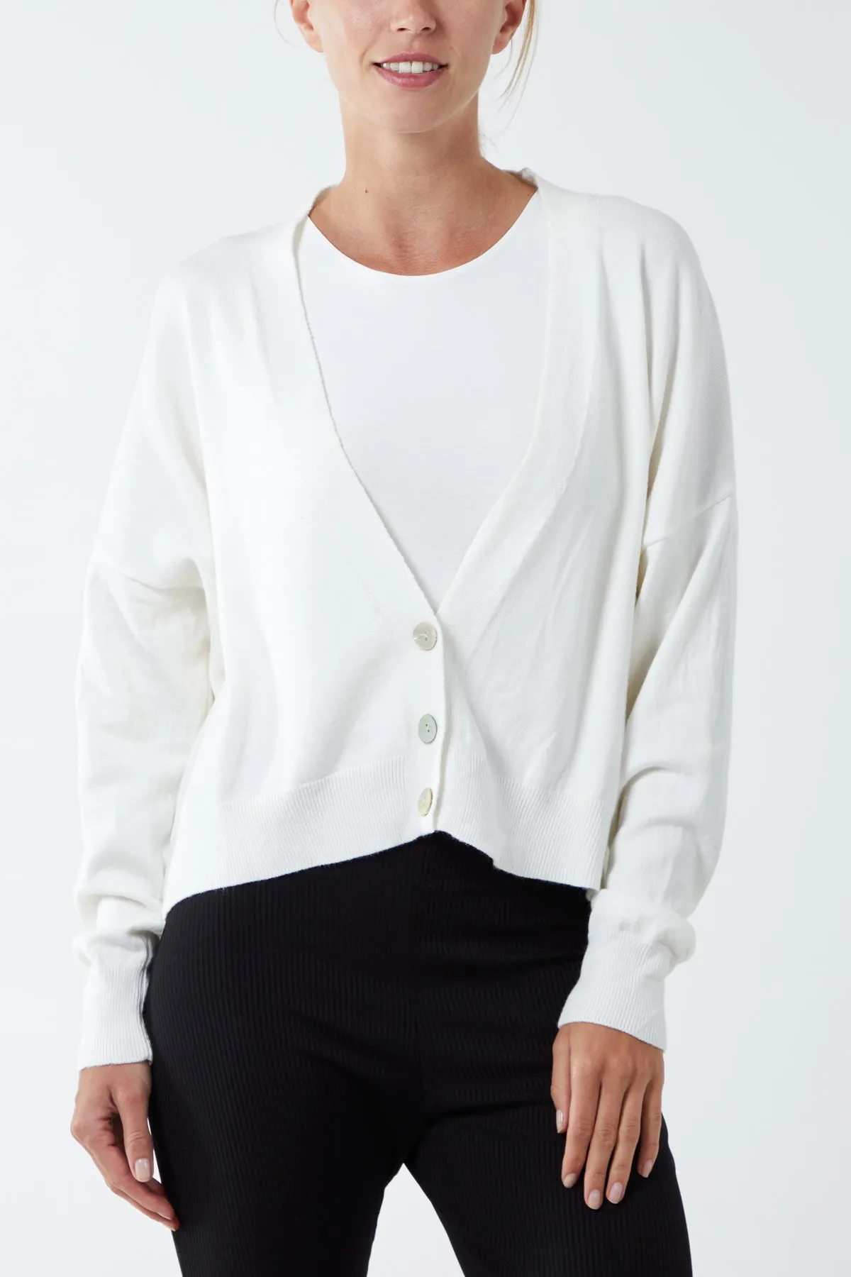 Three Button Cropped Ribbed Cuff Hem Cardigan