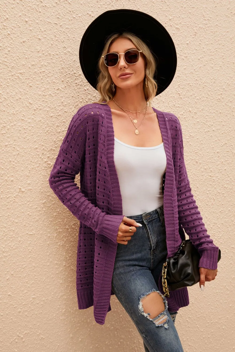 Tilley Openwork Horizontal Ribbing Open Front Cardigan