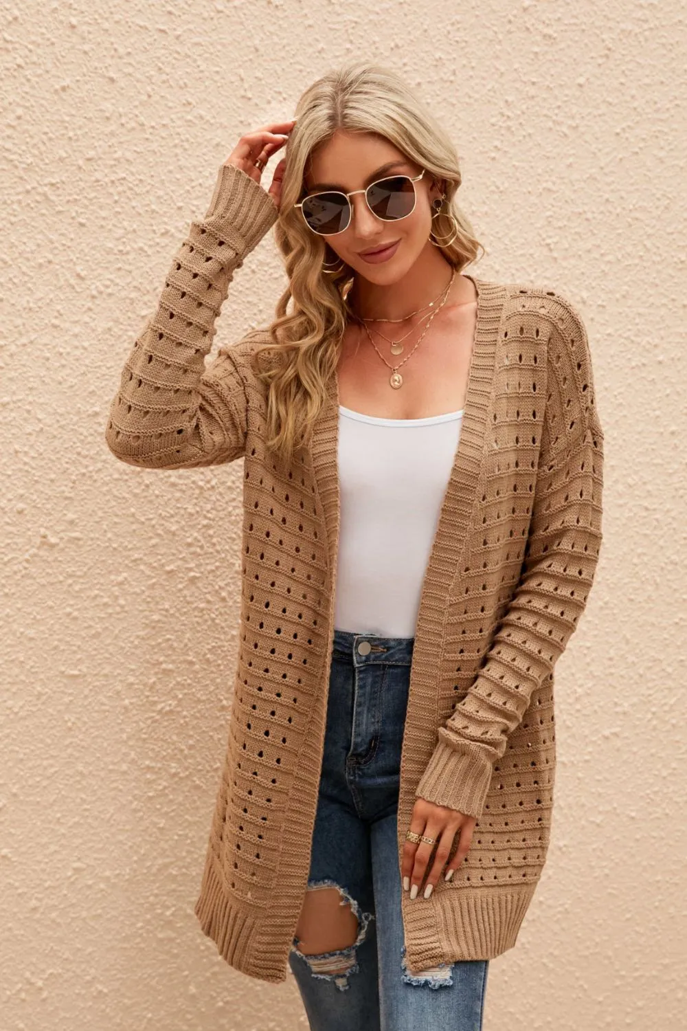 Tilley Openwork Horizontal Ribbing Open Front Cardigan
