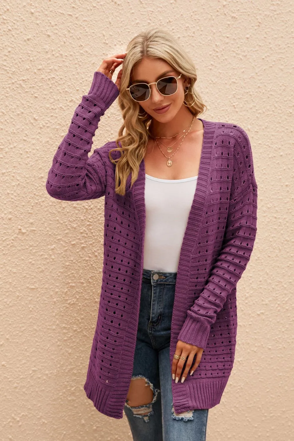 Tilley Openwork Horizontal Ribbing Open Front Cardigan