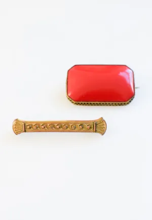 Two Antique Brooches | Victorian Bar Pin and Art Deco Czech Glass