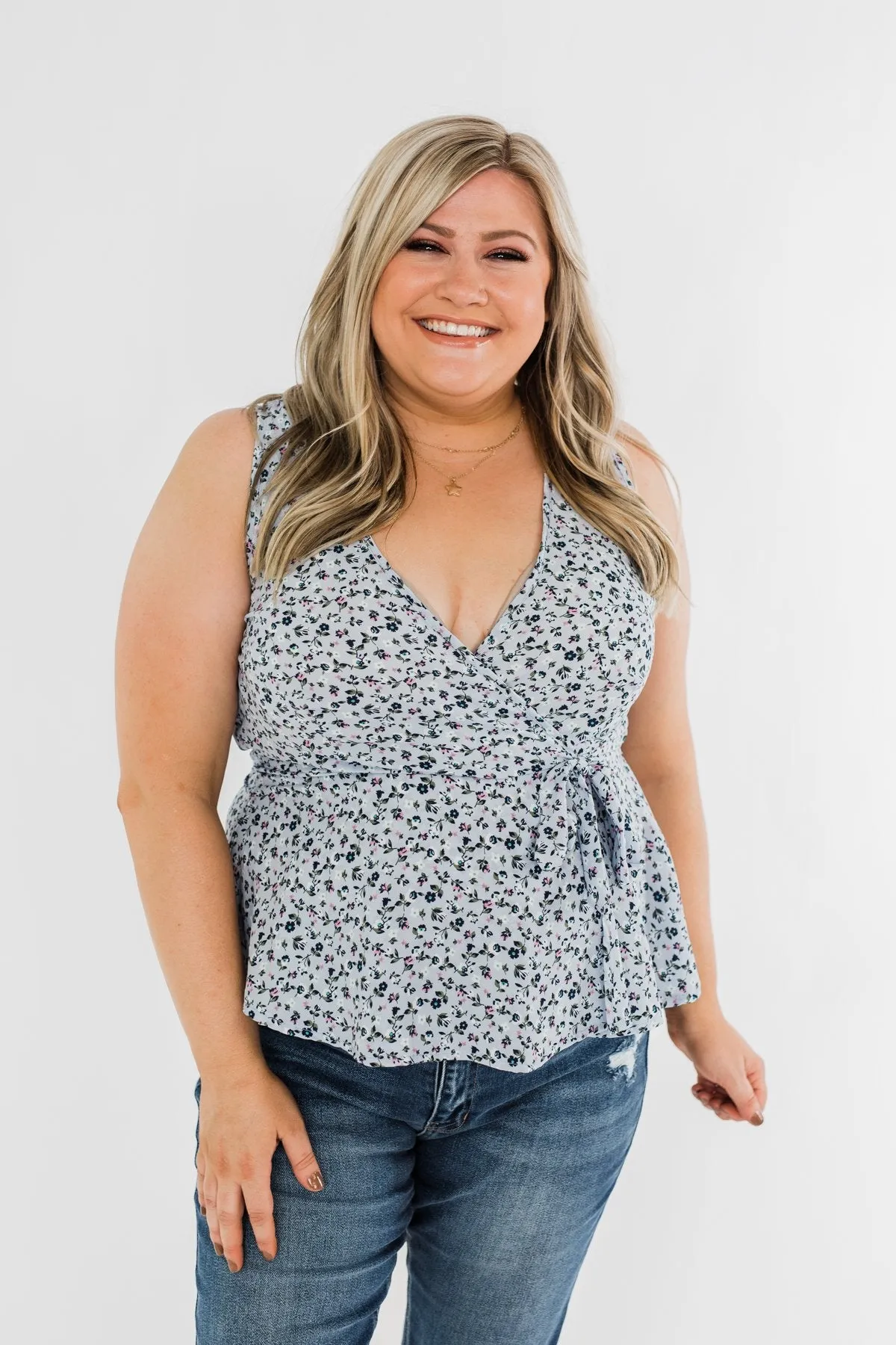 Two Steps Forward Sleeveless Wrap Blouse- Powder Blue
