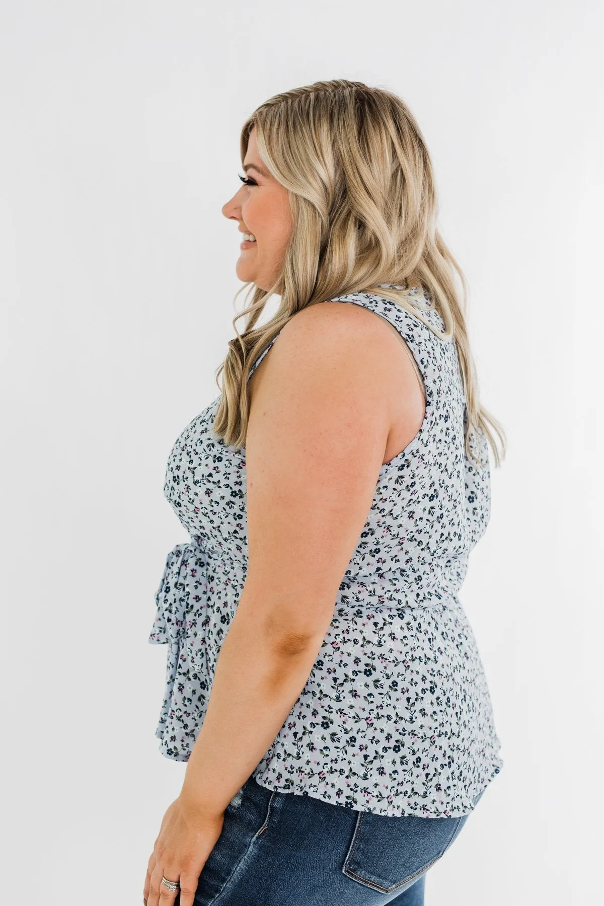 Two Steps Forward Sleeveless Wrap Blouse- Powder Blue
