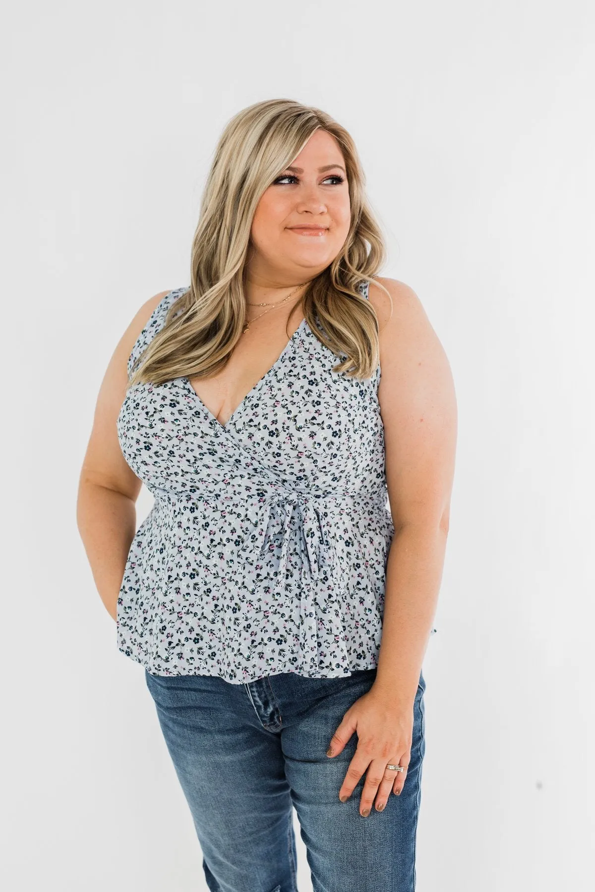 Two Steps Forward Sleeveless Wrap Blouse- Powder Blue