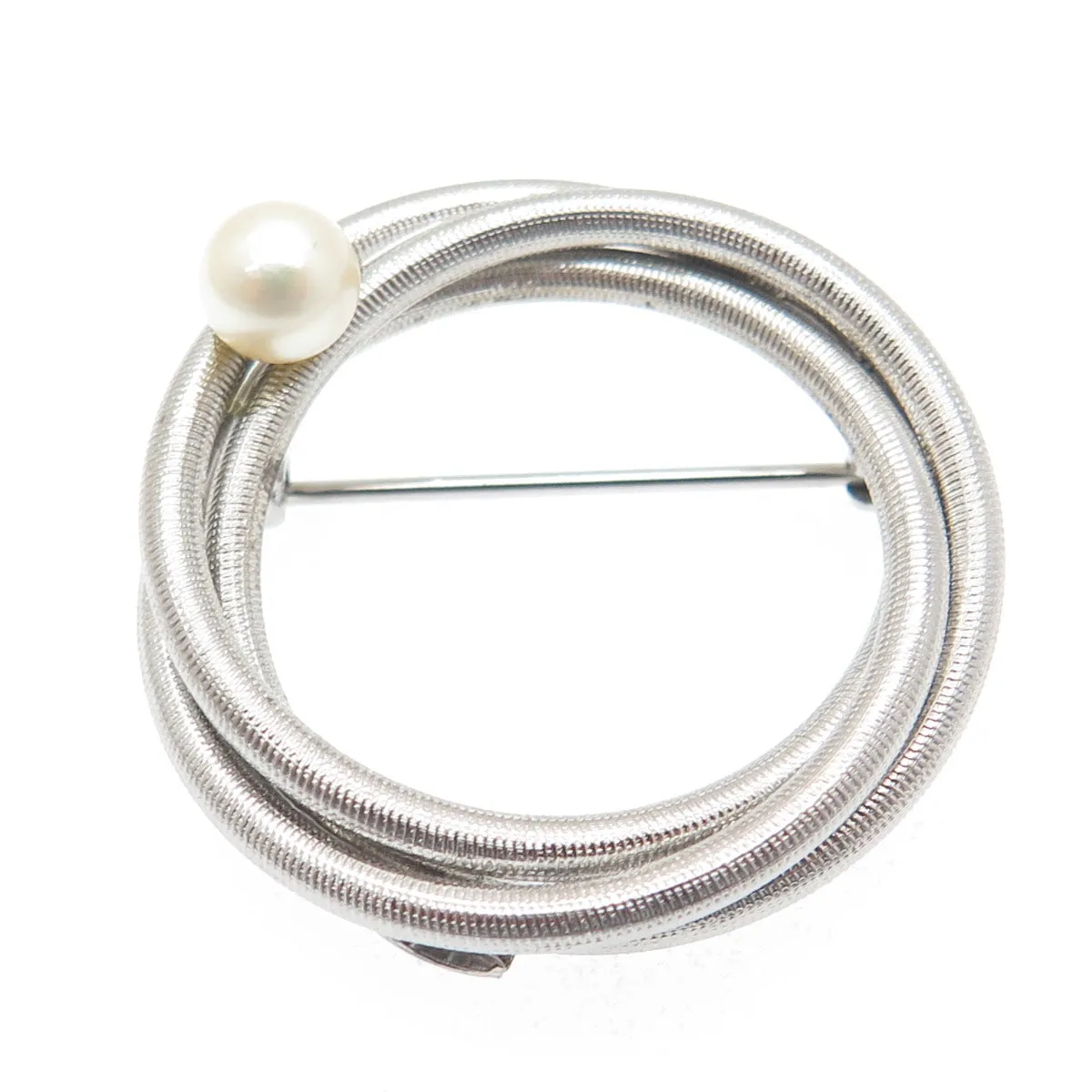 VAN DELL Sterling Silver Antique Art Deco Real Pearl Interlocked Circle Brooch