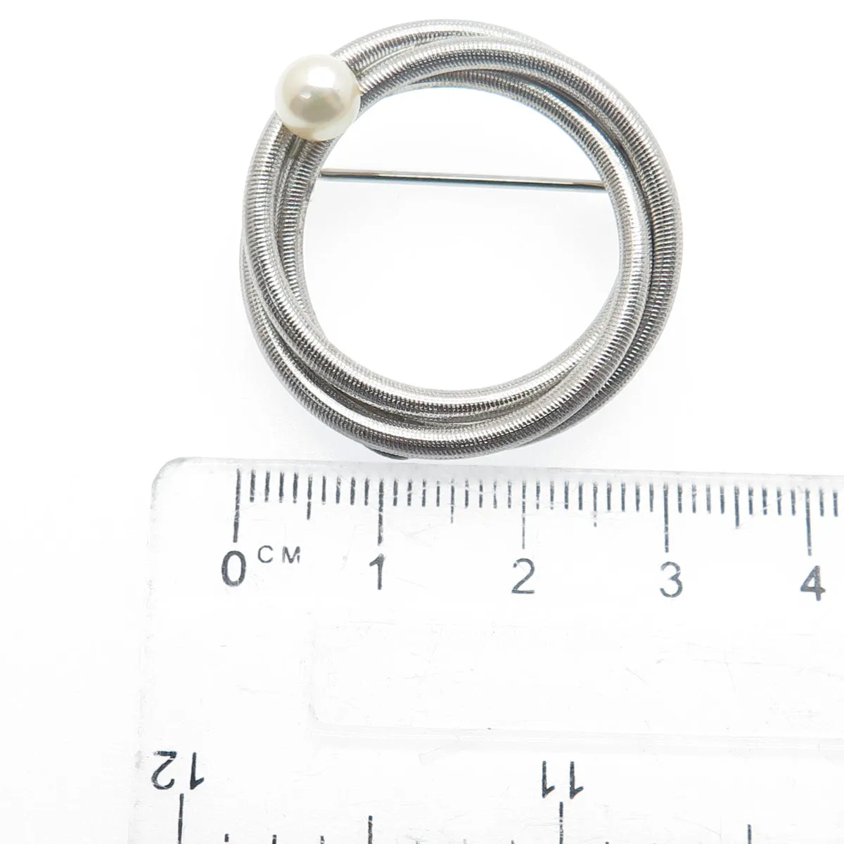 VAN DELL Sterling Silver Antique Art Deco Real Pearl Interlocked Circle Brooch