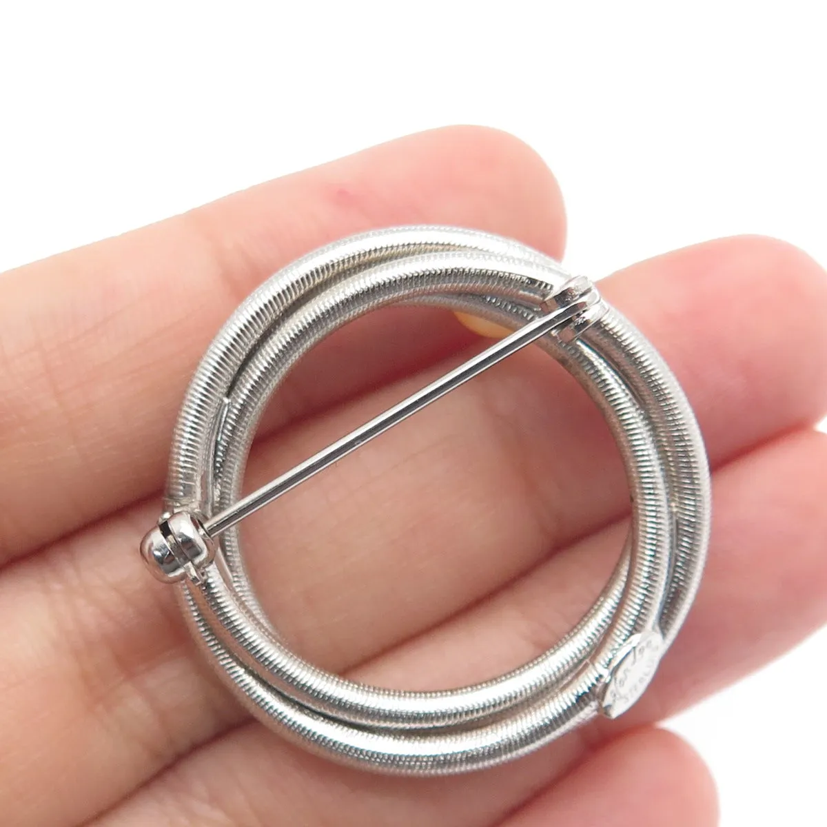 VAN DELL Sterling Silver Antique Art Deco Real Pearl Interlocked Circle Brooch