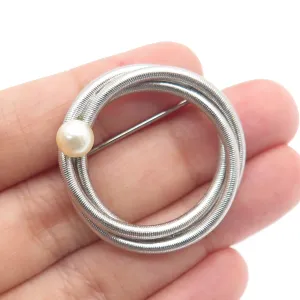 VAN DELL Sterling Silver Antique Art Deco Real Pearl Interlocked Circle Brooch
