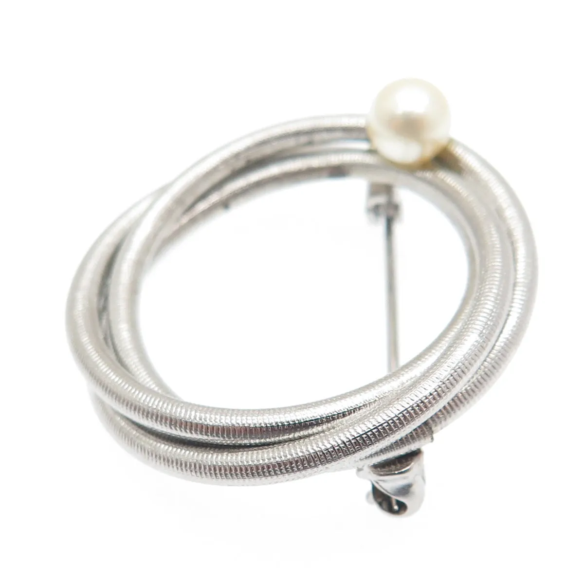 VAN DELL Sterling Silver Antique Art Deco Real Pearl Interlocked Circle Brooch