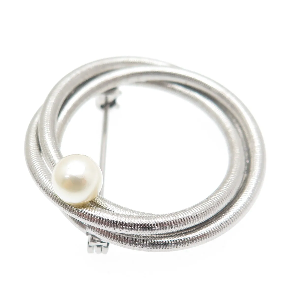 VAN DELL Sterling Silver Antique Art Deco Real Pearl Interlocked Circle Brooch
