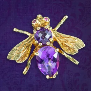 Vintage Amethyst Bee Brooch Ruby Eyes 18ct Gold