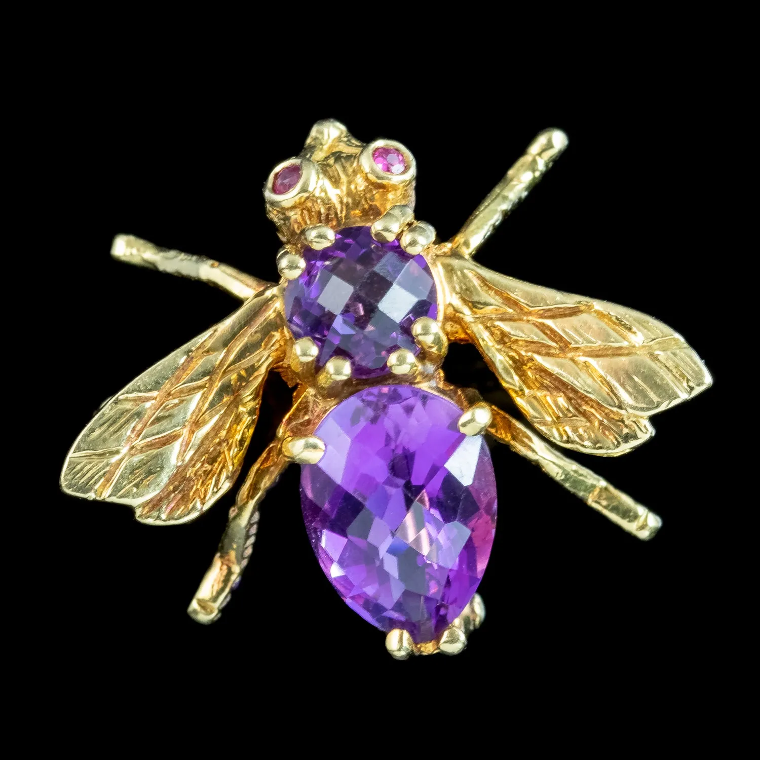 Vintage Amethyst Bee Brooch Ruby Eyes 18ct Gold