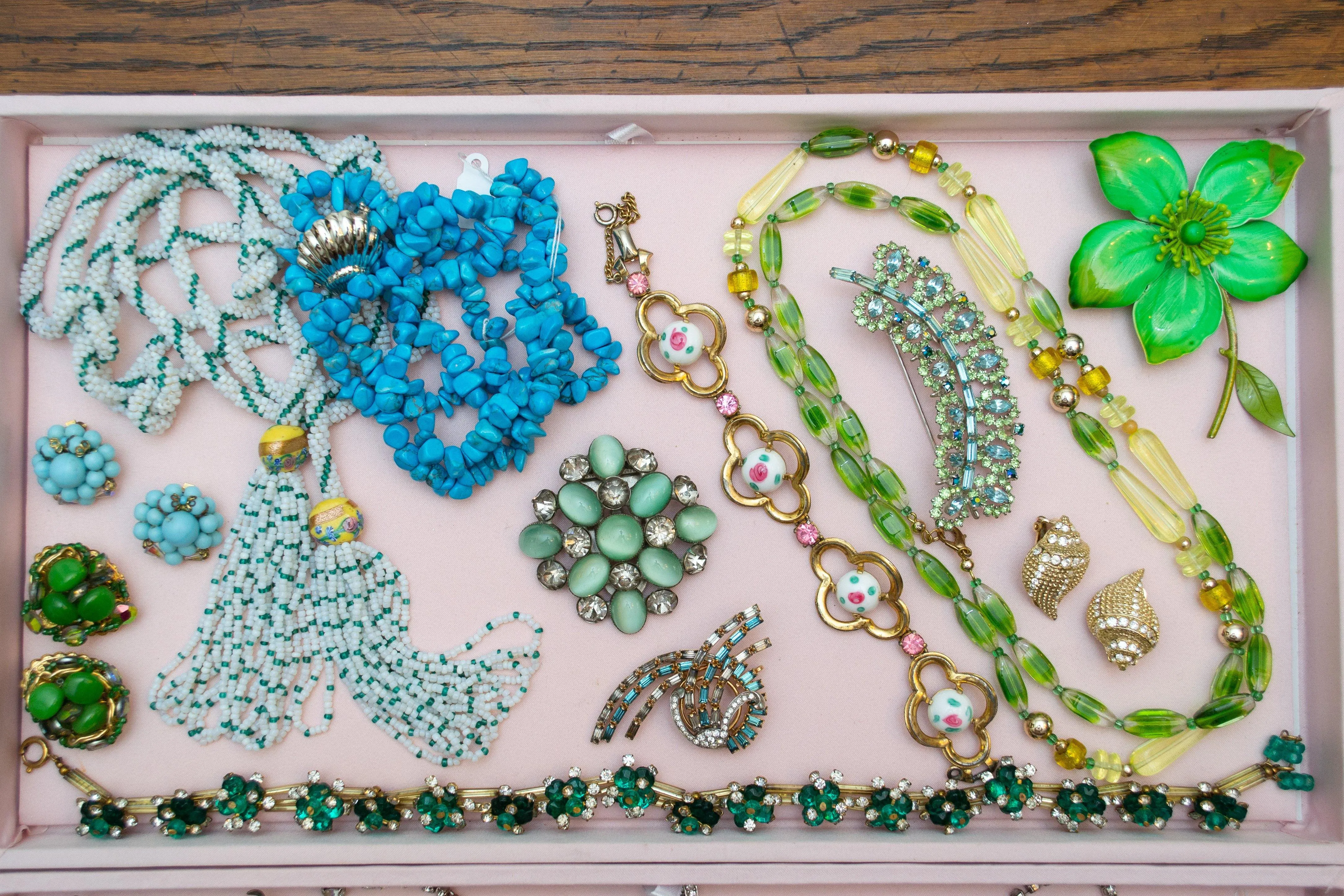 Vintage Art Deco Era Dress, Fur Clip with Rhinestones and Light Green Cats Eye Cabochon Rhinestones