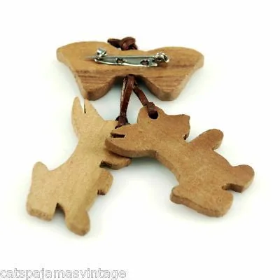 Vintage Brooch Wooden Folk Art Scotty Dogs 1940S