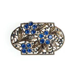 Vintage Czech Floral Brooch with Blue Rhinestones, Gold Tone Setting, Brooches and Pins