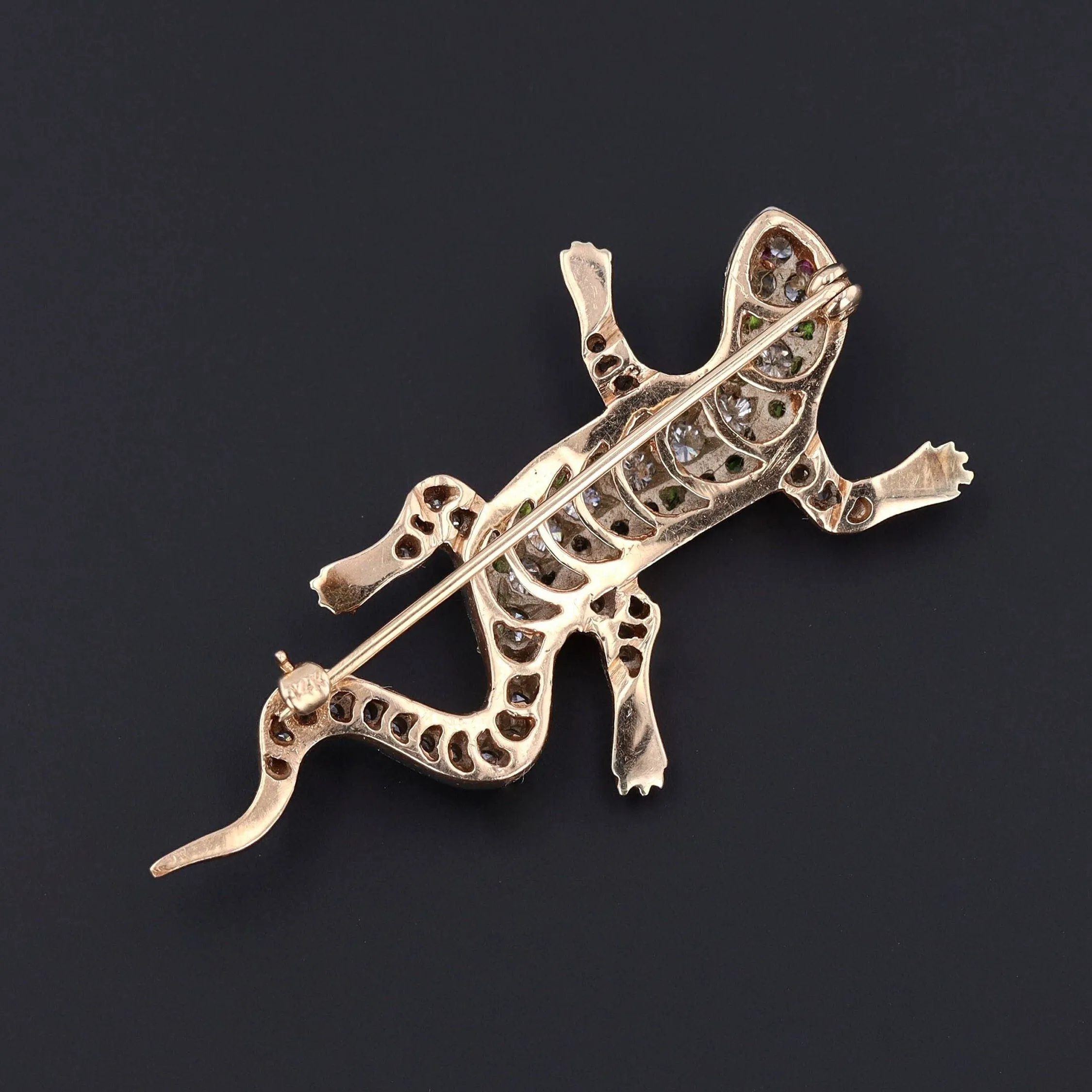 Vintage Diamond and Demantoid Garnet Lizard Brooch of 14k Gold