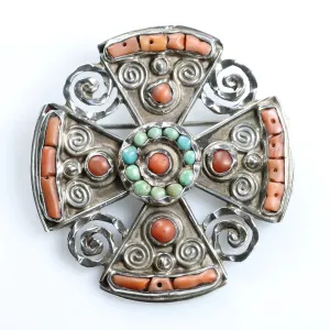 Vintage MATL Jewelry | Ornate Cross Brooch Coral & Turquoise Mexico