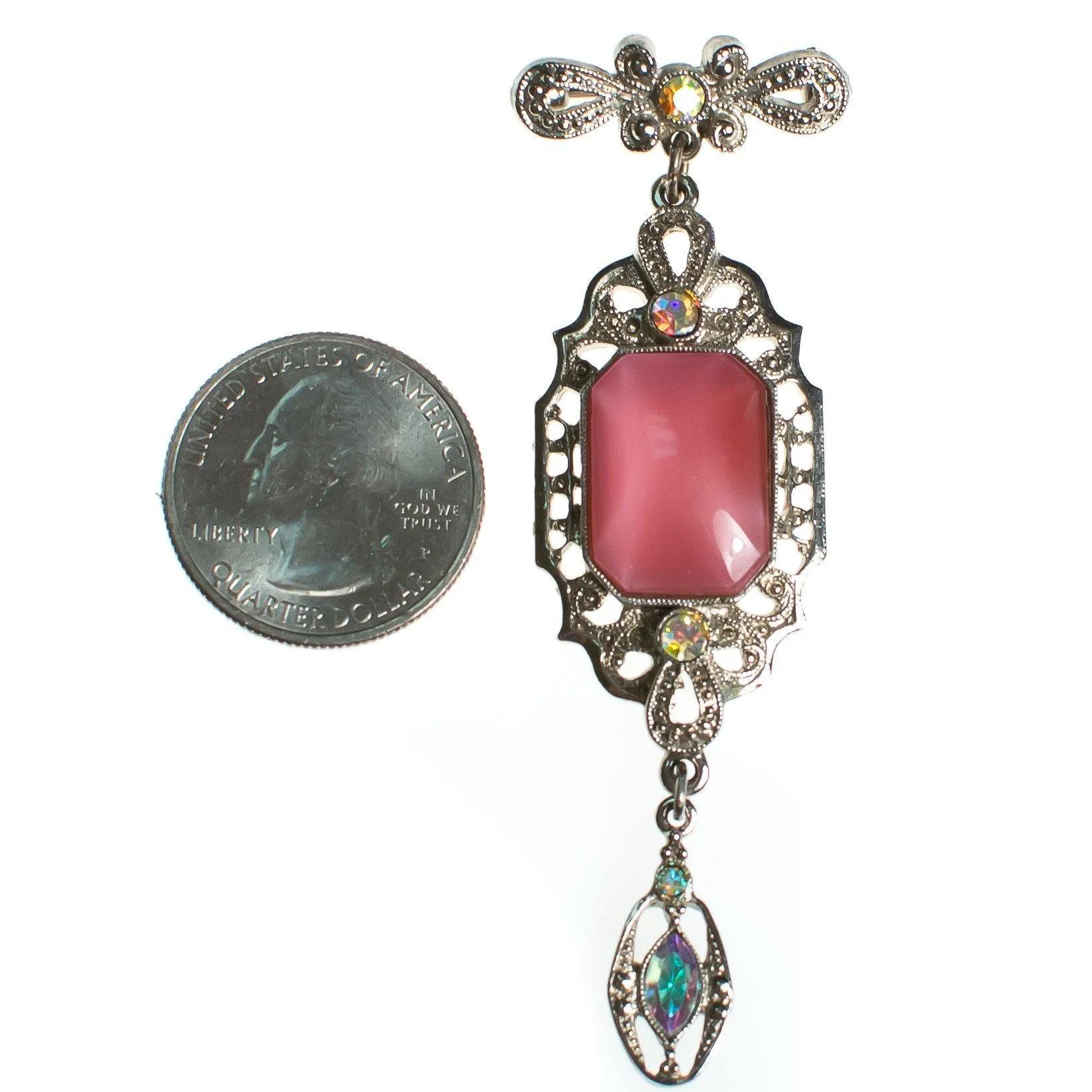 Vintage Victorian Revival Pink Dangling Charm Brooch in Silver Tone