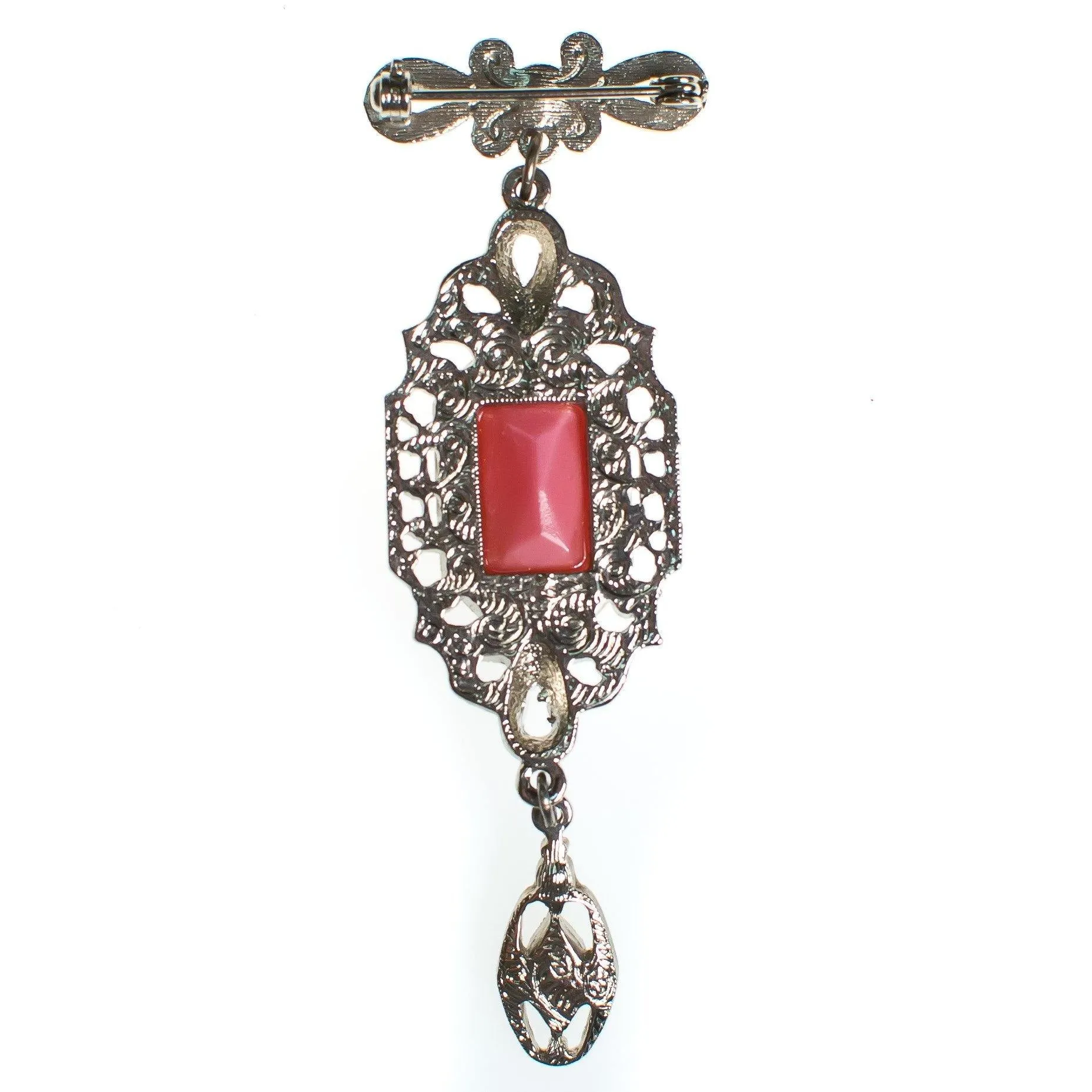 Vintage Victorian Revival Pink Dangling Charm Brooch in Silver Tone