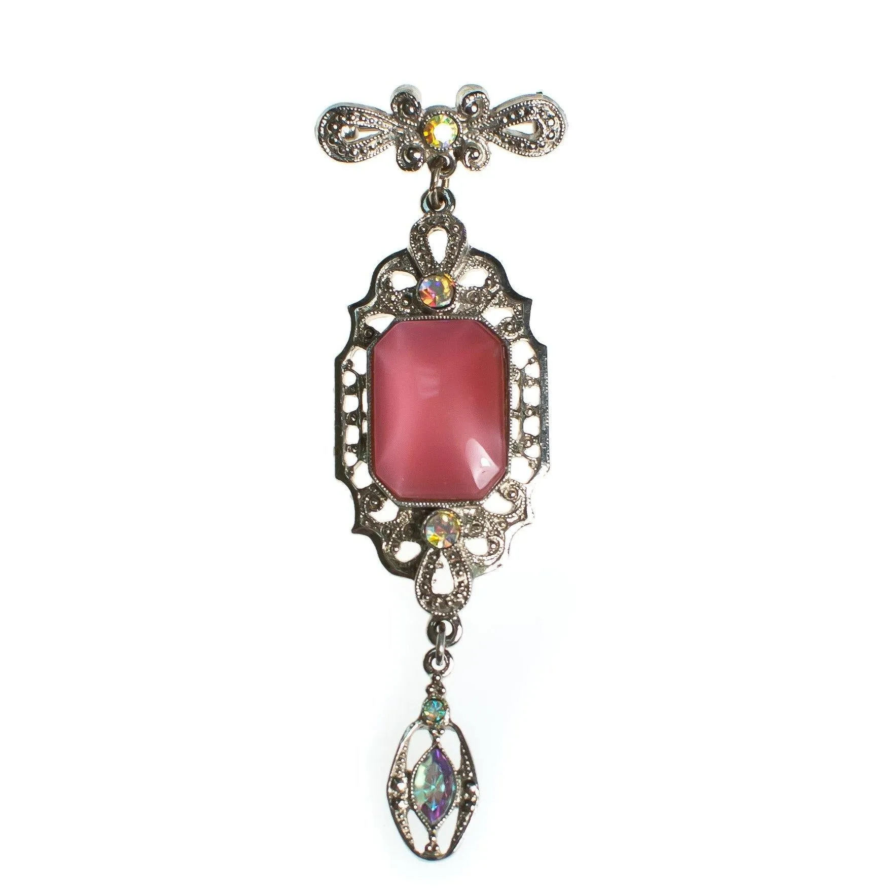 Vintage Victorian Revival Pink Dangling Charm Brooch in Silver Tone