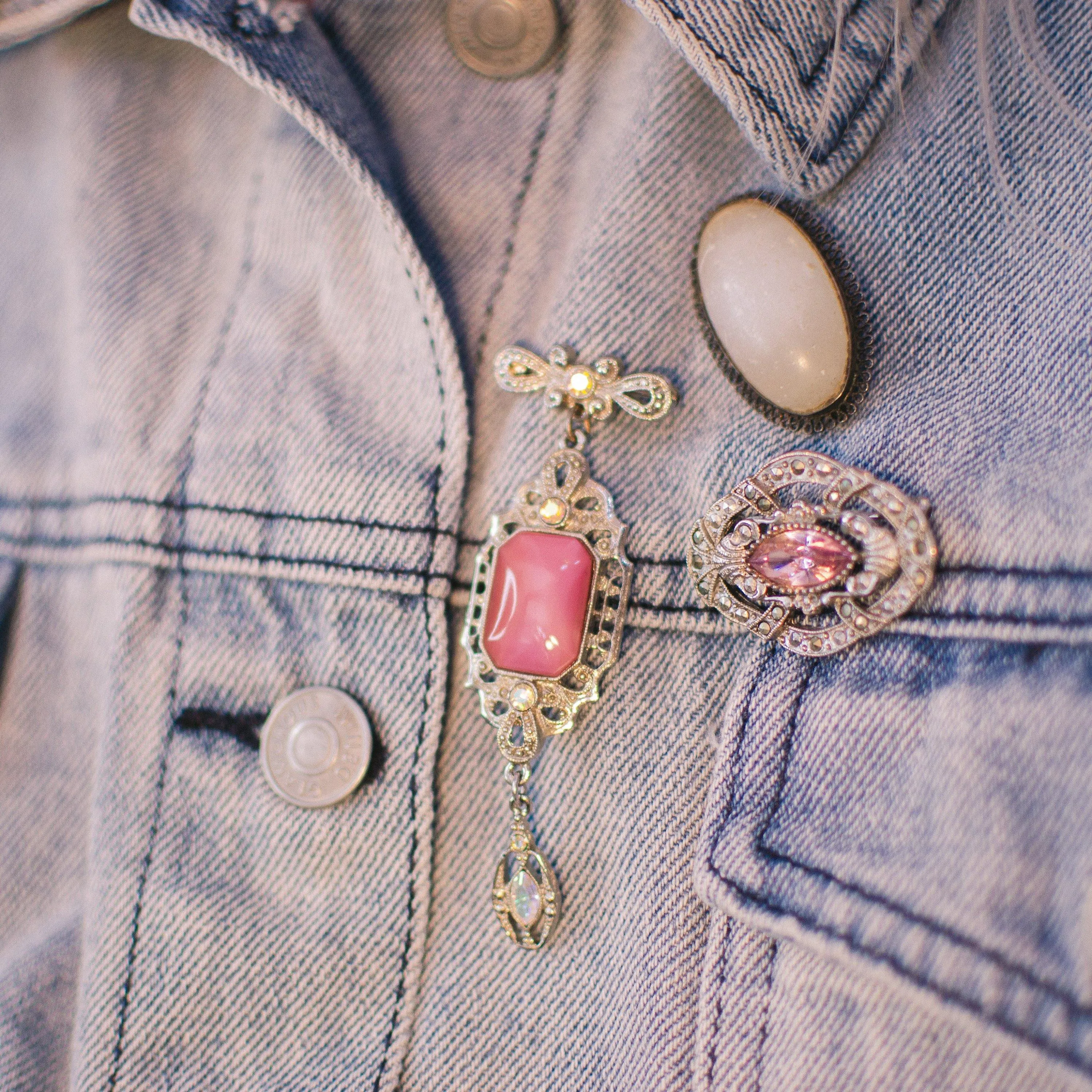 Vintage Victorian Revival Pink Dangling Charm Brooch in Silver Tone