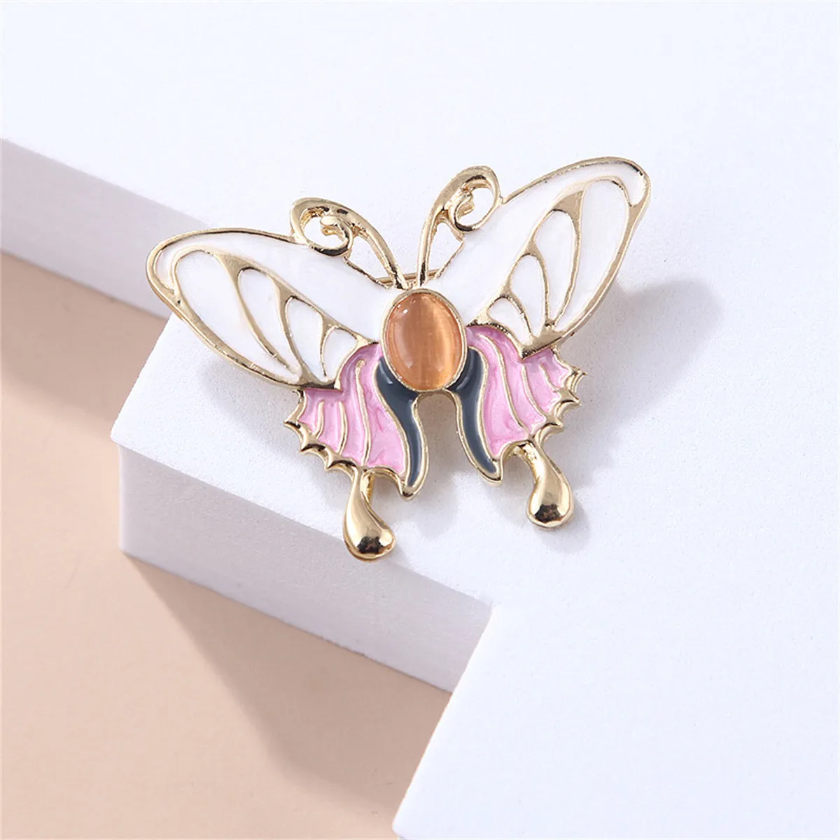 White Enamel & Cat Eye 18K Gold-Plated Butterfly Brooch