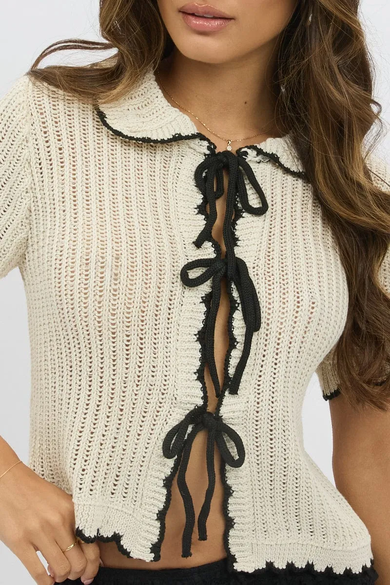 White Knit Cardigan Short Sleeve Collared