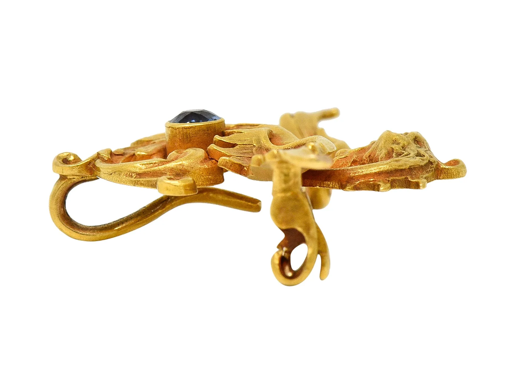 Whiteside Blank Art Nouveau Sapphire 14 Karat Yellow Gold Serpent Dragon Unisex Antique Brooch