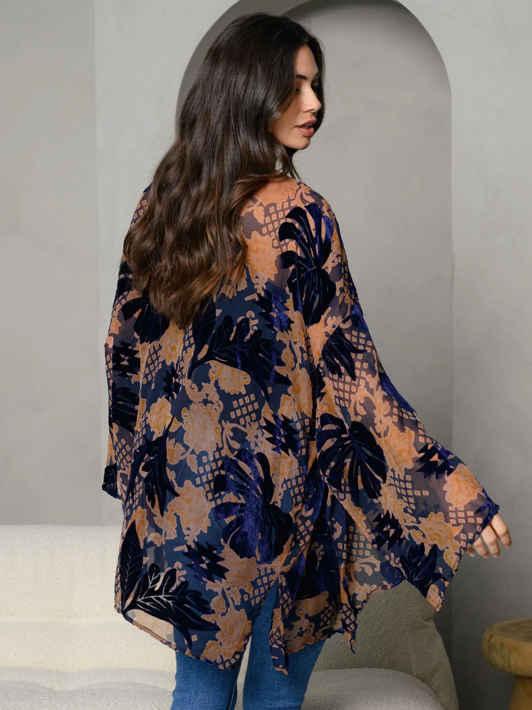 WOMEN'S FLORAL PRINT OPEN FRONT FLOCKING WOVEN KIMONO