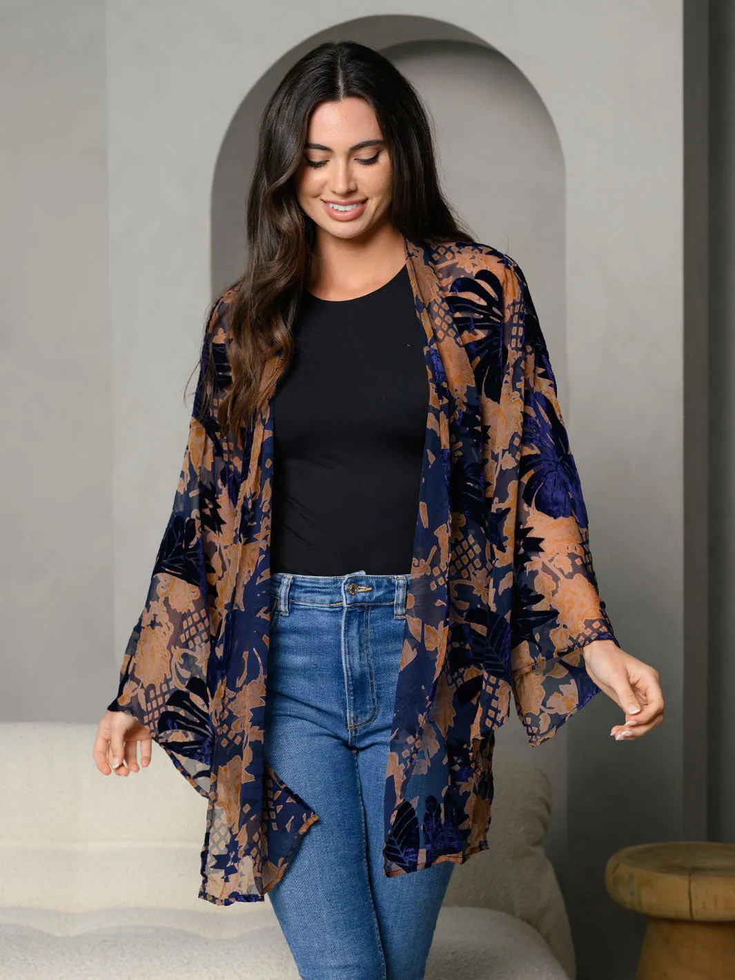 WOMEN'S FLORAL PRINT OPEN FRONT FLOCKING WOVEN KIMONO