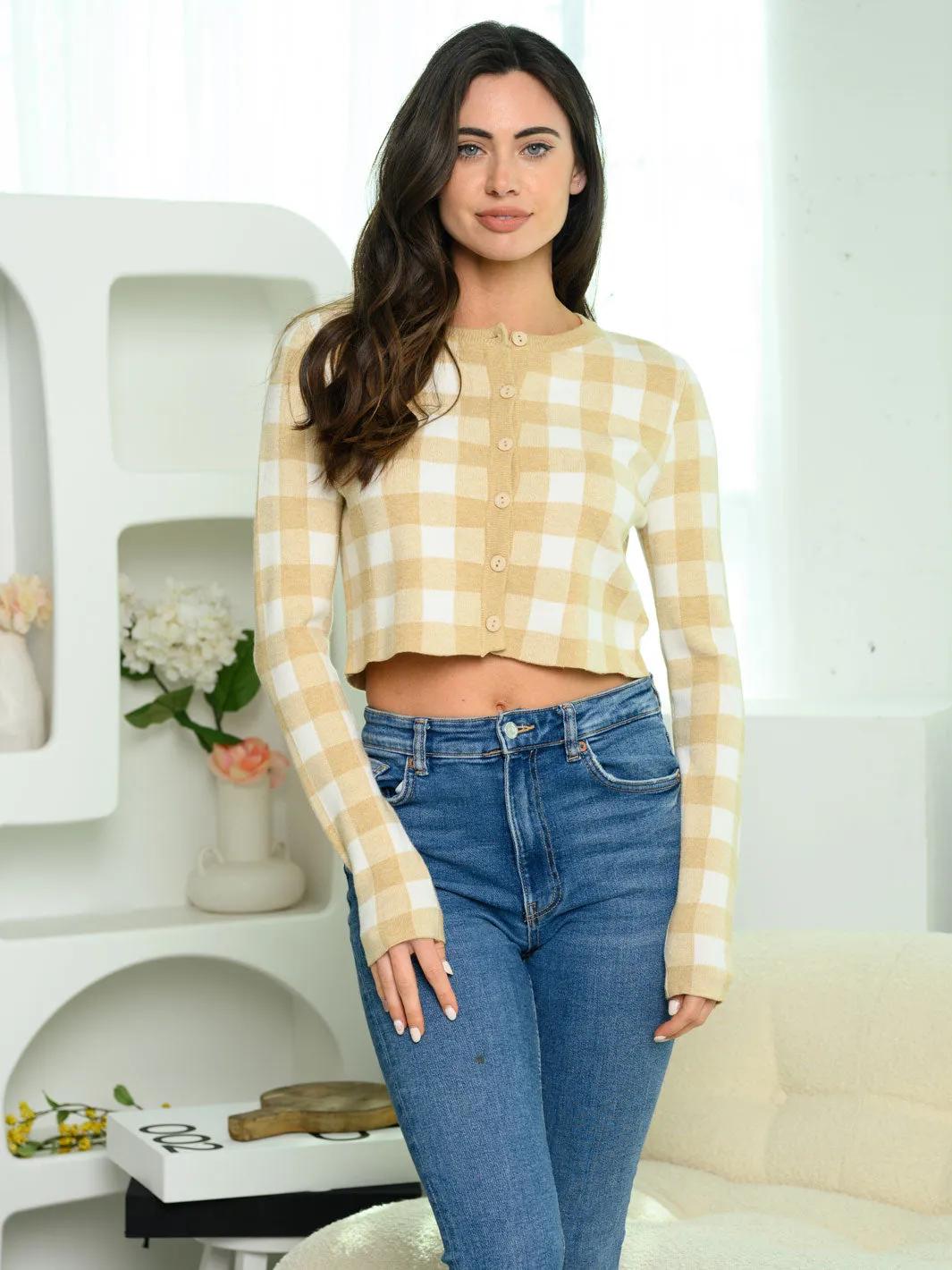 WOMEN'S LONG SLEEVE CHECKERED KNIT CARDIGAN