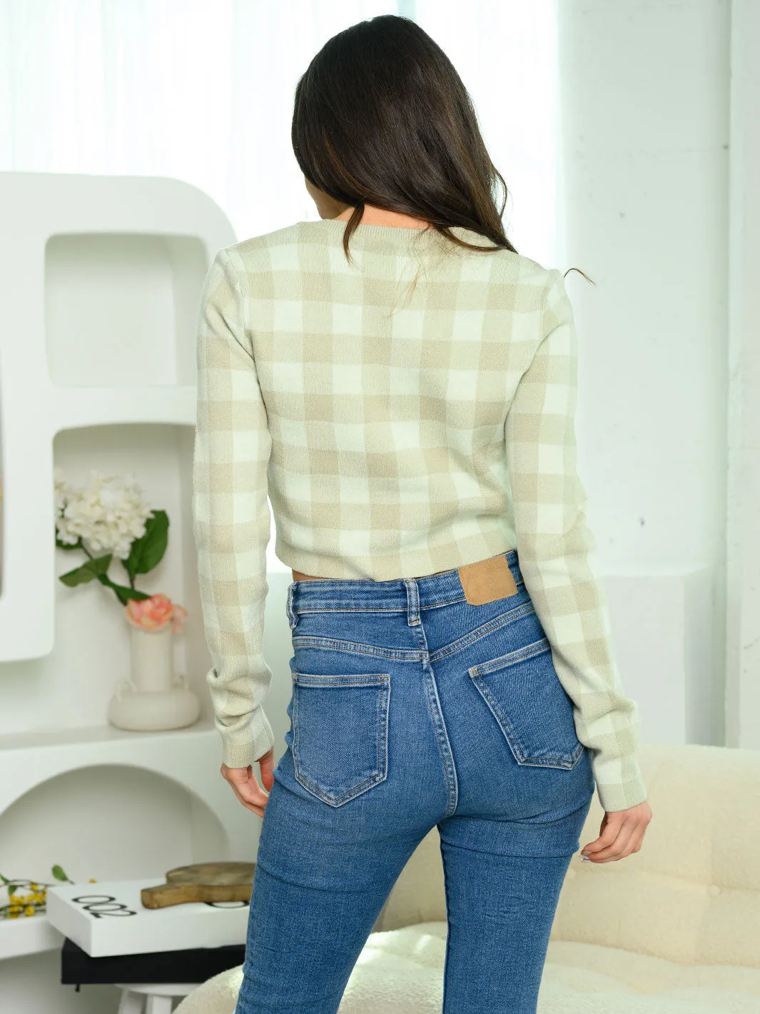 WOMEN'S LONG SLEEVE CHECKERED KNIT CARDIGAN