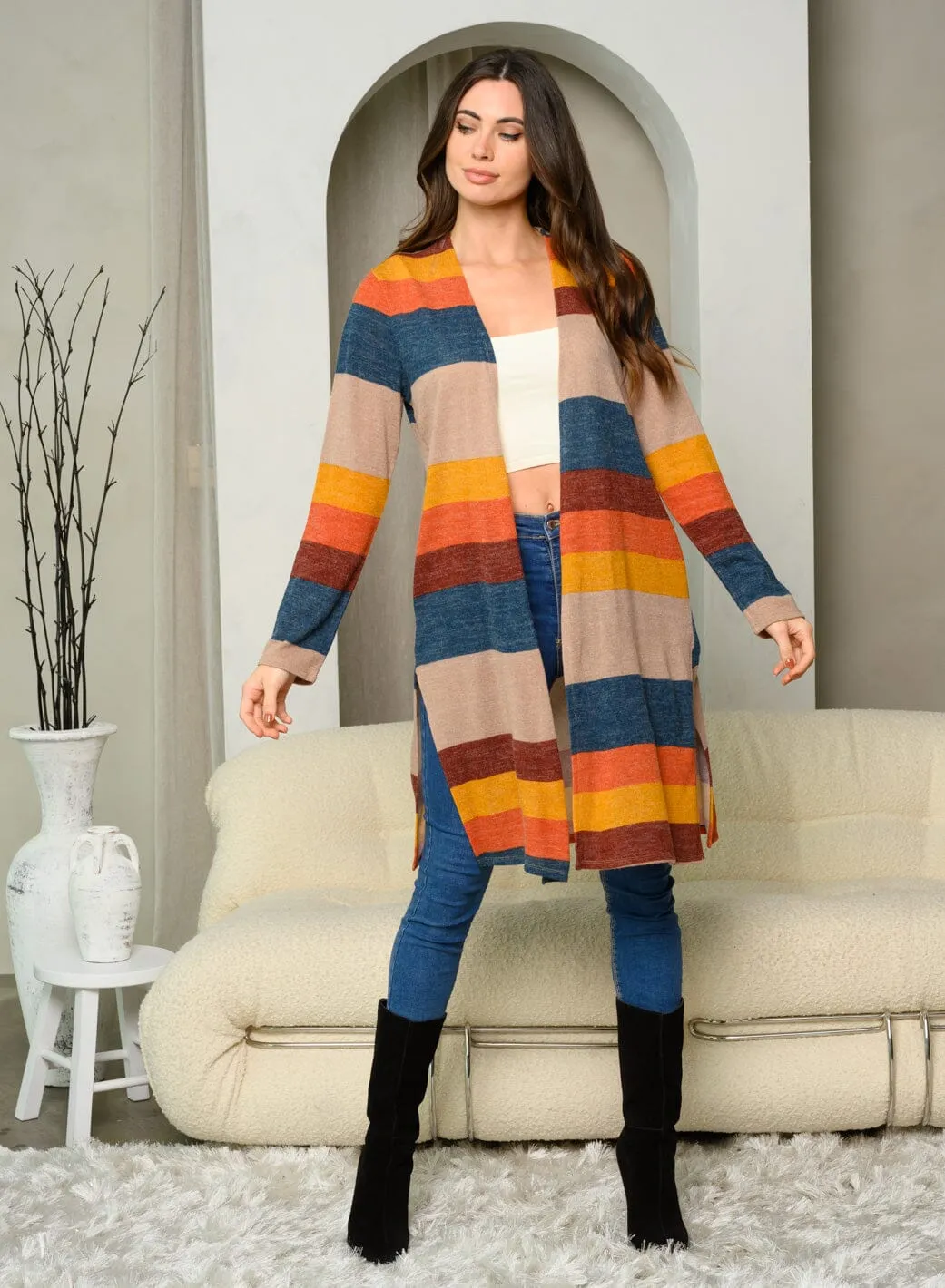 WOMEN'S LONG SLEEVE COLORBLOCK OPEN FRONT CARDIGAN