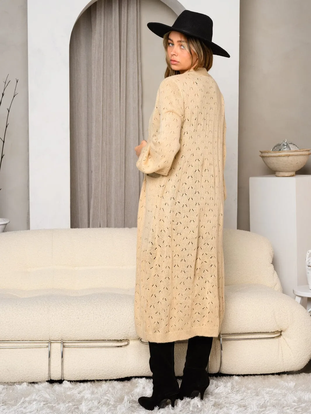 WOMEN'S LONG SLEEVE EYELET PRINT CARDIGAN