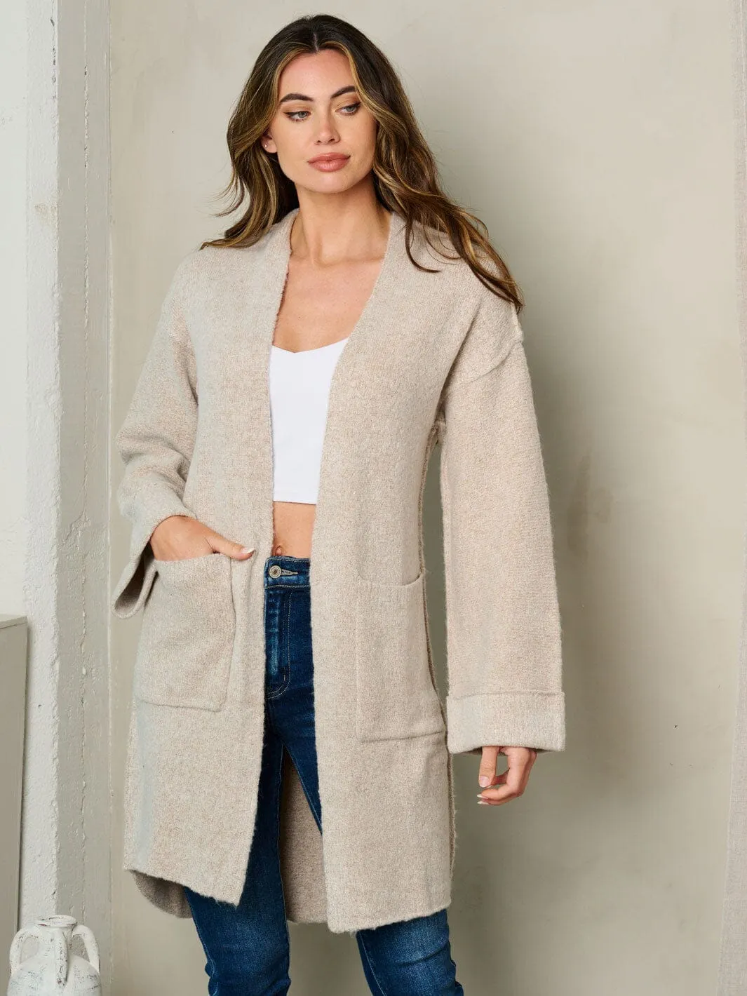 WOMEN'S LONG SLEEVE FRONT POCKETS OPEN CARDIGAN