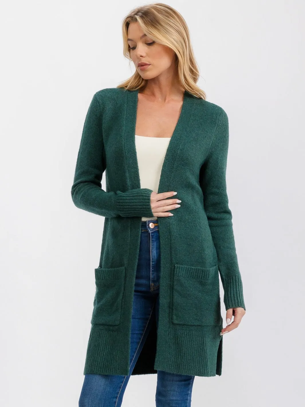 WOMEN'S LONG SLEEVE OPEN FRONT POCKETS CARDIGAN