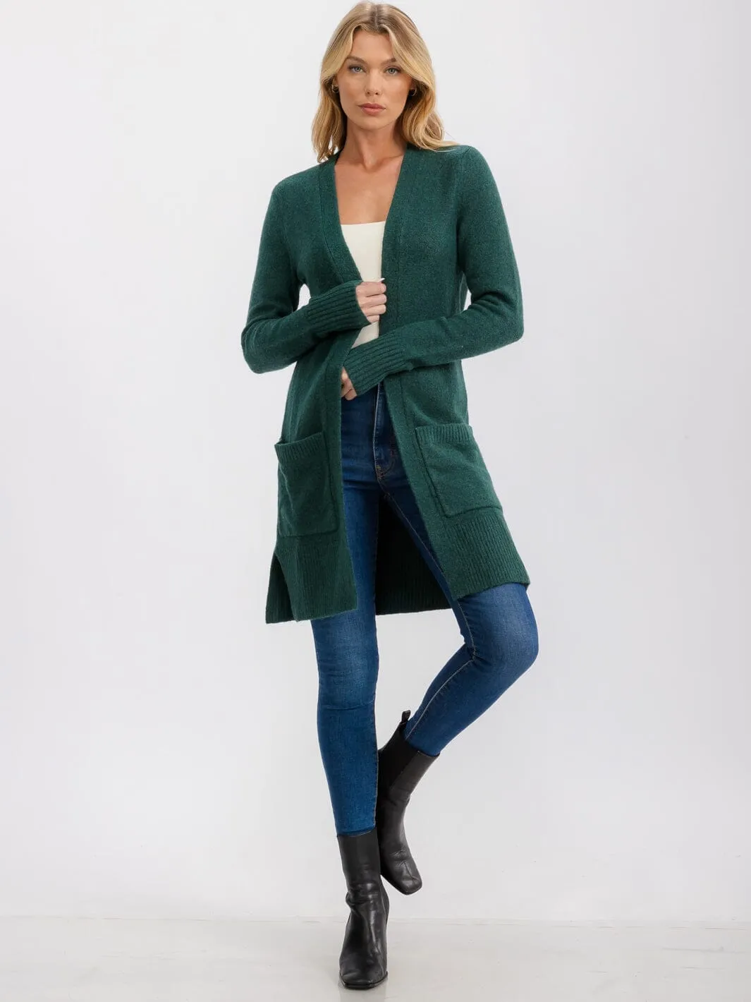WOMEN'S LONG SLEEVE OPEN FRONT POCKETS CARDIGAN