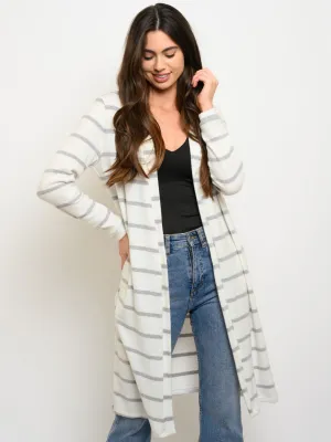 WOMEN'S LONG SLEEVE STRIPES POCKETS CARDIGAN