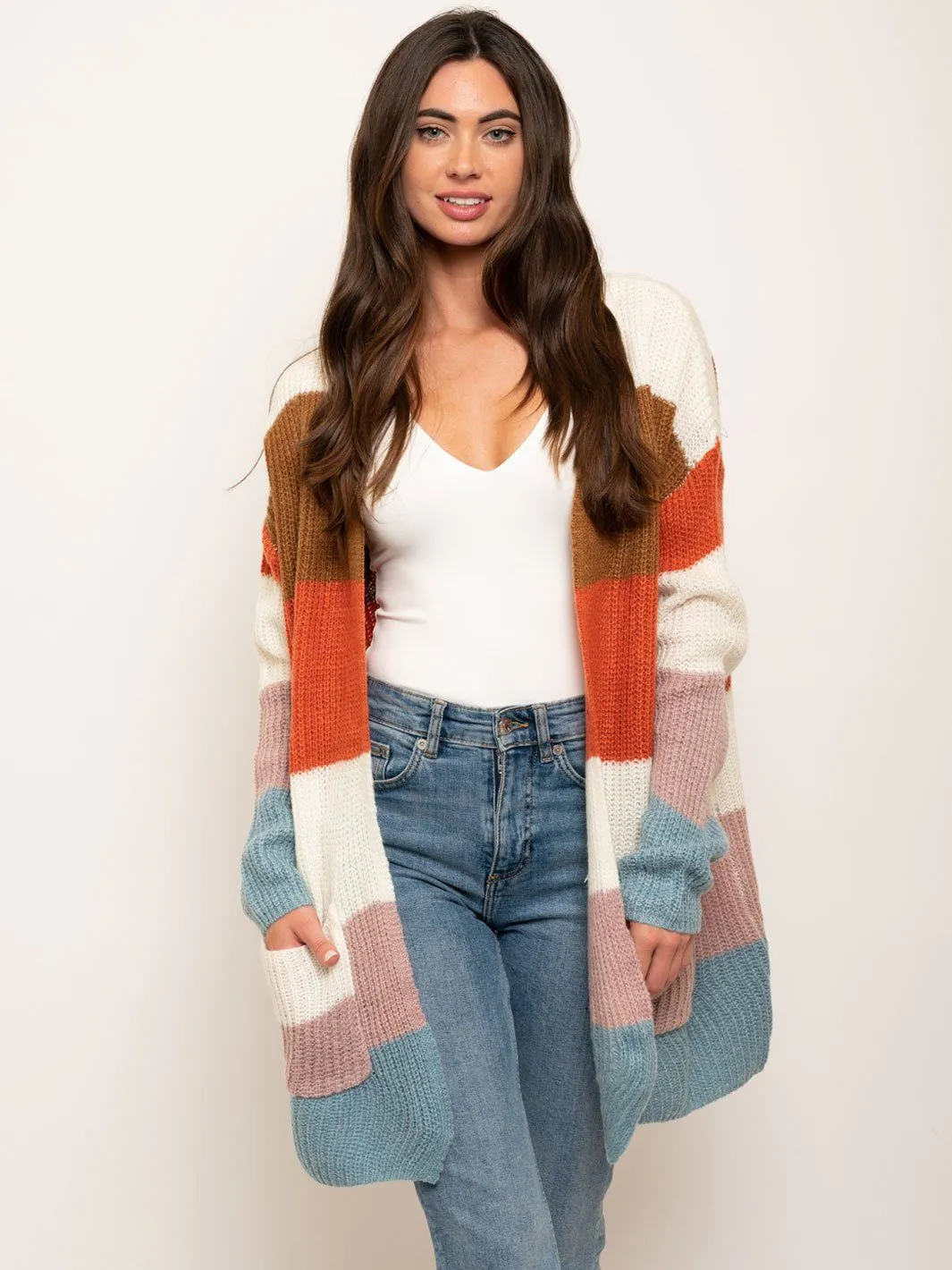 WOMEN'S MULTI STRIPE LONG CARDIGAN