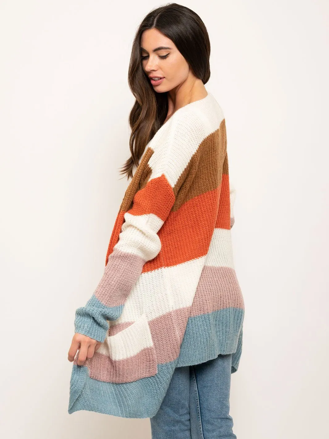 WOMEN'S MULTI STRIPE LONG CARDIGAN